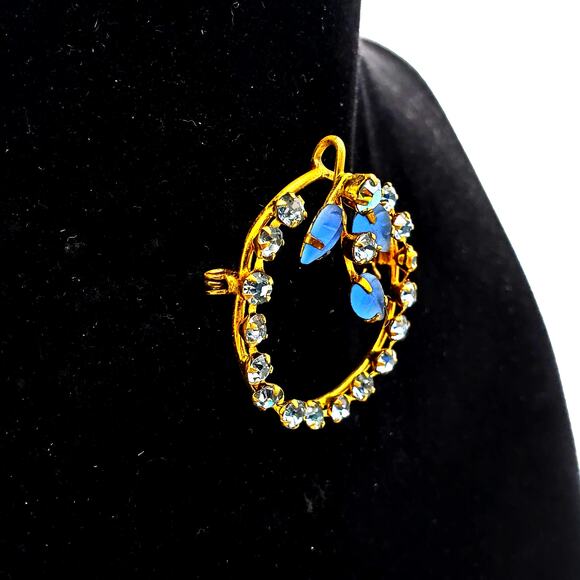 Vintage Blue Rhinestone Circle Brooch & Pendant Frosted Glass Leaves MCM 1960s - Picture 2 of 10